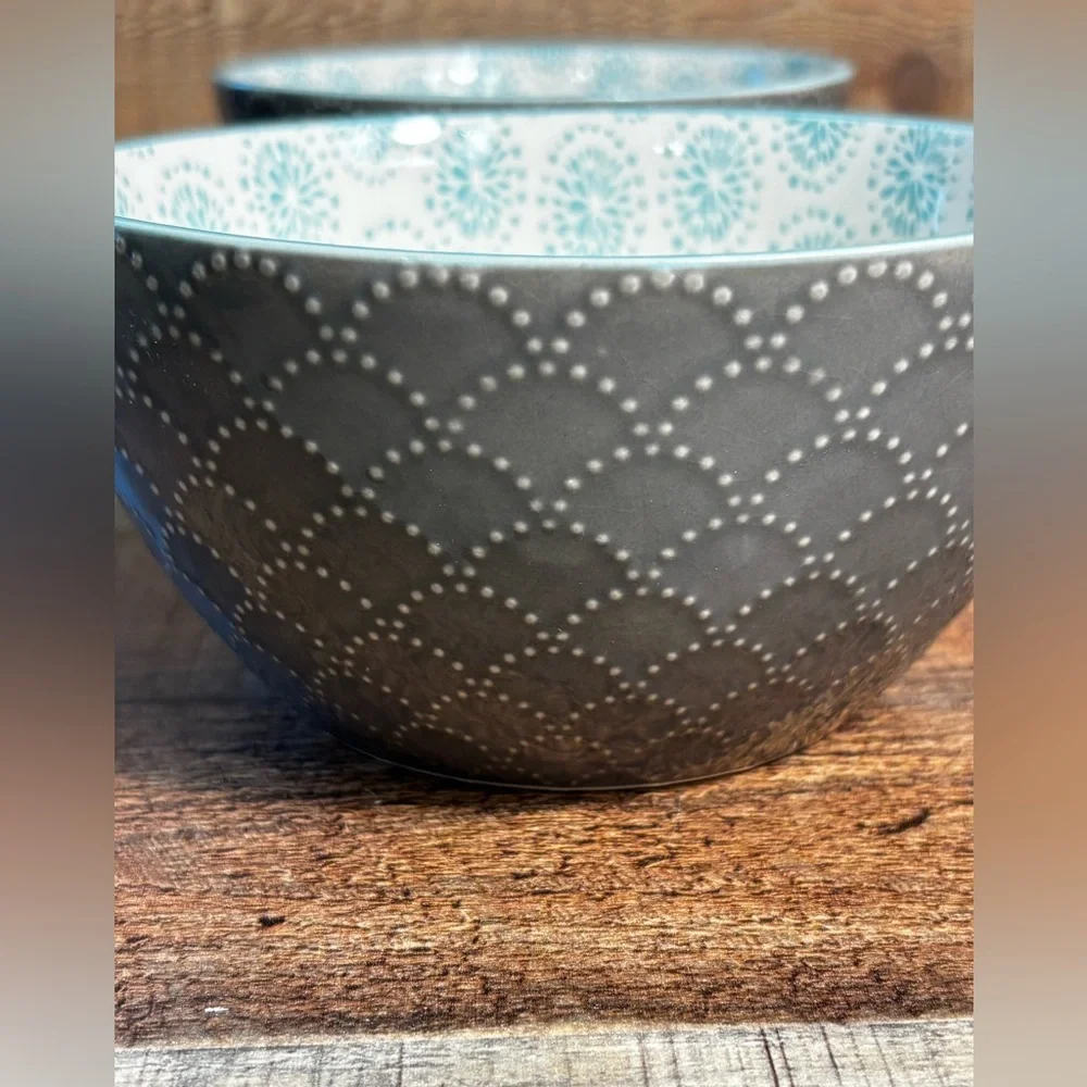 Pfaltzgraff Pad Print Grey Aqua 6” Bowl Cereal Soup Set Of 2 Textured - Picture 2 of 7
